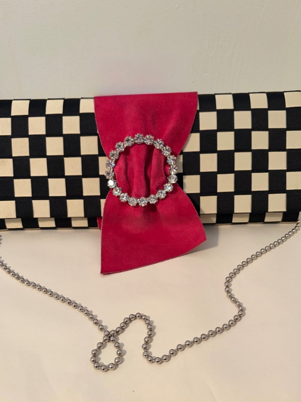 Seirc Black and White Check Clutch Bag with Sparkling Brooch